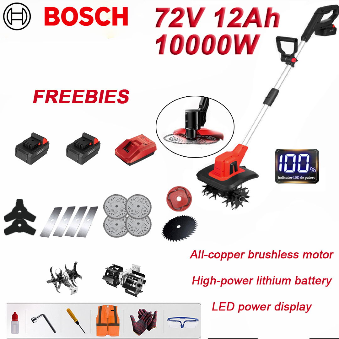 Eke*1, lazítólap*1, 72V 12Ah lítium akkumulátor*2, háromszögfűrészlap*2, gyomlálófej*1, körfűrészlap*4, négyszögfűrészlap*4, fémfűrészlap*1, gyorstöltő*1. Szerszámburkolat*1, magyar használati útmutató*1, 10000W nagy teljesítmény, teljesítmény kijelző funkció, három fokozatú kapcsolás, egygombos indítás, dupla kapcsolók, tiszta réz kefe nélküli vasmagos motor, akkumulátor üzemidő 16 óra, töltési idő 1,5 óra, 5 év garancia.