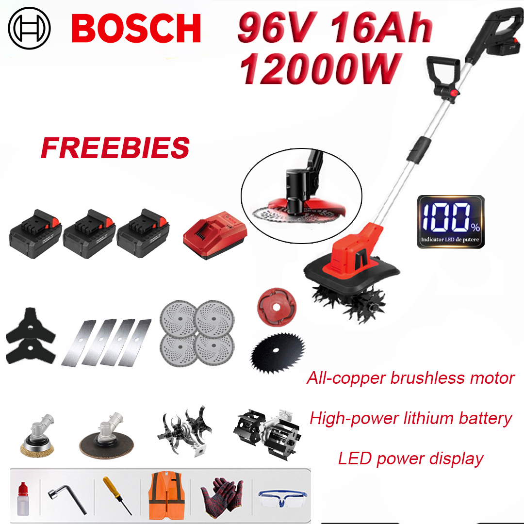 Csiszolófej*1, polírozópenge*1, szántópenge*1, lazítópenge*1, 96V 16Ah lítium akkumulátor*3, háromszöglap*2, gyomlálófej*1, körfűrészlap*4, szögletes penge*4, kemény fűrész penge*1, Gyorstöltő*1, Szerszámtáska*1, Használati útmutató*1, 12000 W nagy teljesítmény, teljesítmény kijelző funkció, háromsebességes kapcsolás, egygombos indítás, dupla kapcsolók, tiszta réz magos kefe nélküli motor, 24 órás akkumulátor élettartam, 1,5 óra töltési idő, 5 év garancia.